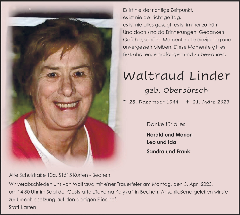  Traueranzeige für Waltraud Linder vom 24.03.2023 aus  Bergisches Handelsblatt 