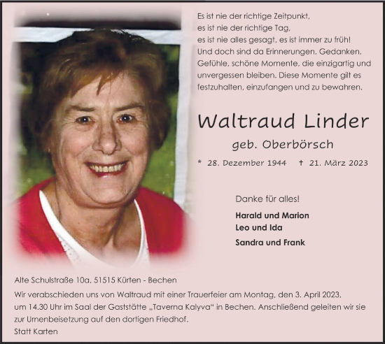 Anzeige von Waltraud Linder von  Bergisches Handelsblatt 