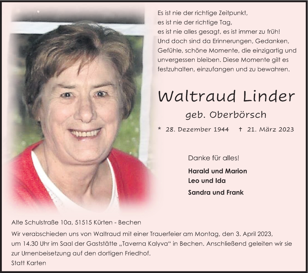  Traueranzeige für Waltraud Linder vom 25.03.2023 aus Kölner Stadt-Anzeiger / Kölnische Rundschau / Express