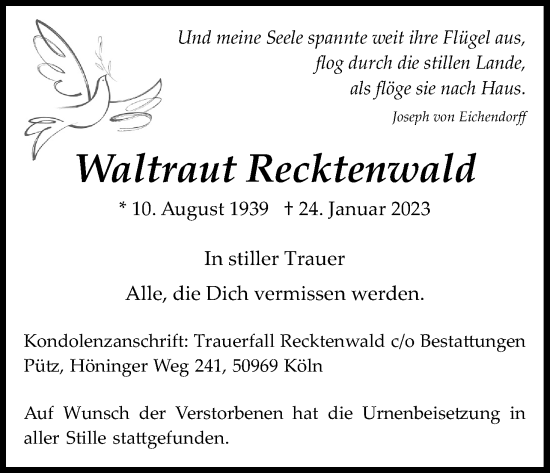 Anzeige von Waltraut Recktenwald von Kölner Stadt-Anzeiger / Kölnische Rundschau / Express