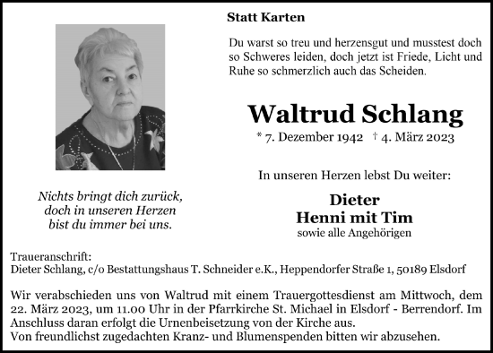 Anzeige von Waltrud Schlang von  Werbepost 