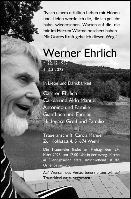 Anzeige von Werner Ehrlich von  Anzeigen Echo 