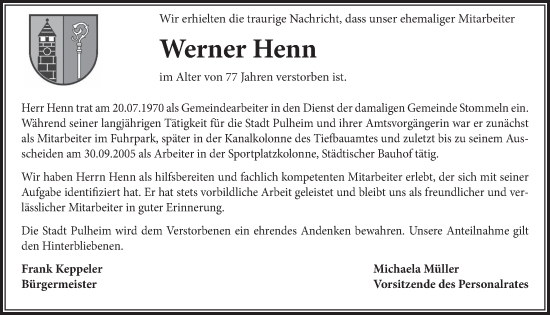 Anzeige von Werner Henn von  Wochenende 