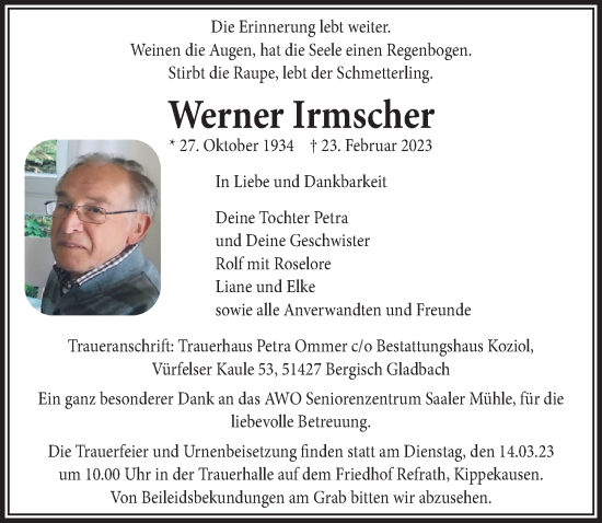 Anzeige von Werner Irmscher von  Bergisches Handelsblatt 