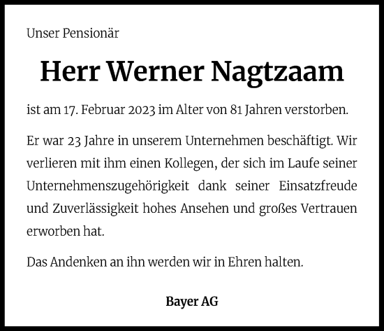 Anzeige von Werner Nagtzaam von Kölner Stadt-Anzeiger / Kölnische Rundschau / Express