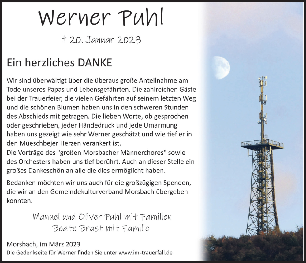  Traueranzeige für Werner Puhl vom 18.07.2023 aus  Lokalanzeiger 