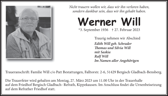 Anzeige von Werner Will von  Bergisches Handelsblatt 