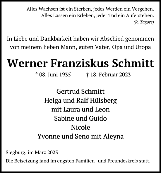 Anzeige von Werner Franziskus Schmitt von Kölner Stadt-Anzeiger / Kölnische Rundschau / Express