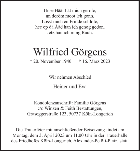 Anzeige von Wilfried Görgens von Kölner Stadt-Anzeiger / Kölnische Rundschau / Express