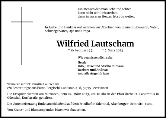 Anzeige von Wilfried Lautscham von Kölner Stadt-Anzeiger / Kölnische Rundschau / Express
