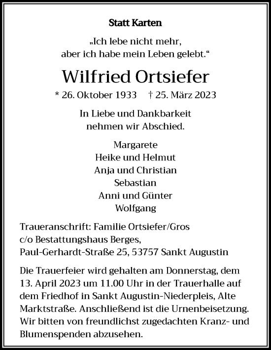Anzeige von Wilfried Ortsiefer von Kölner Stadt-Anzeiger / Kölnische Rundschau / Express