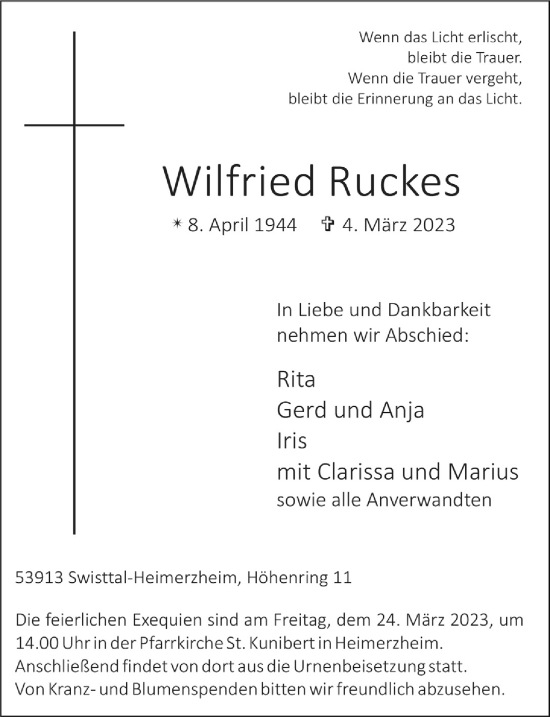 Anzeige von Wilfried Ruckes von  Schaufenster/Blickpunkt 