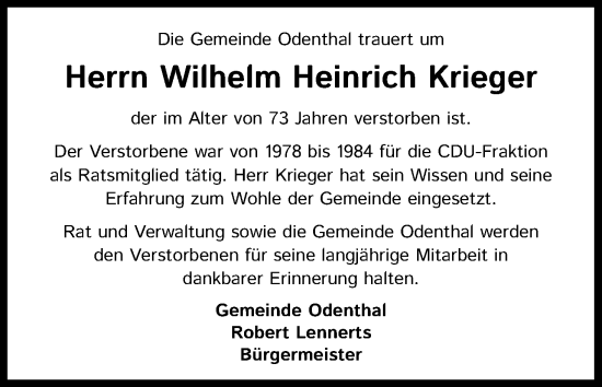 Anzeige von Wilhelm Heinrich Krieger von Kölner Stadt-Anzeiger / Kölnische Rundschau / Express