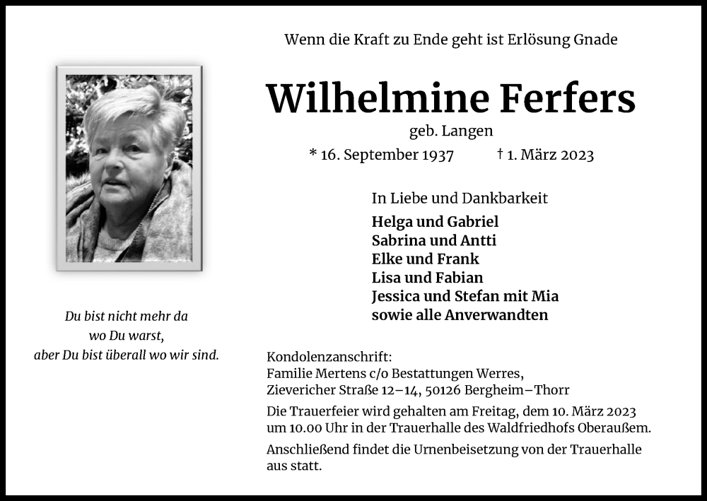  Traueranzeige für Wilhelmine Ferfers vom 03.03.2023 aus Kölner Stadt-Anzeiger / Kölnische Rundschau / Express