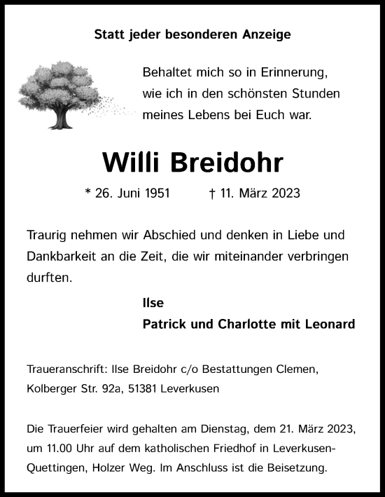 Anzeige von Willi Breidohr von Kölner Stadt-Anzeiger / Kölnische Rundschau / Express
