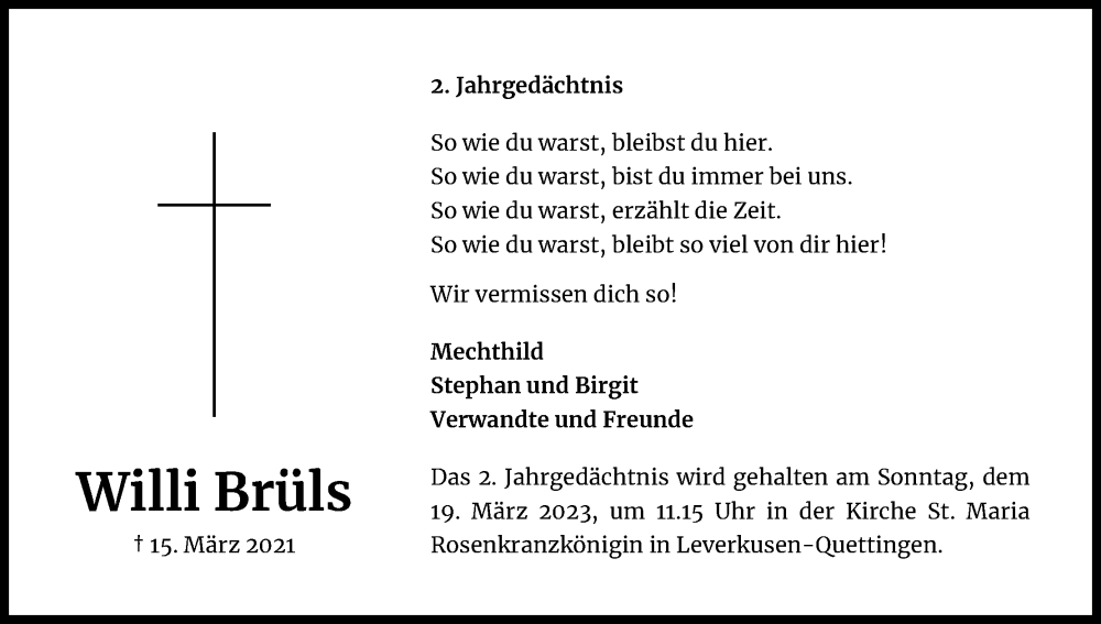  Traueranzeige für Willi Brüls vom 15.03.2023 aus Kölner Stadt-Anzeiger / Kölnische Rundschau / Express