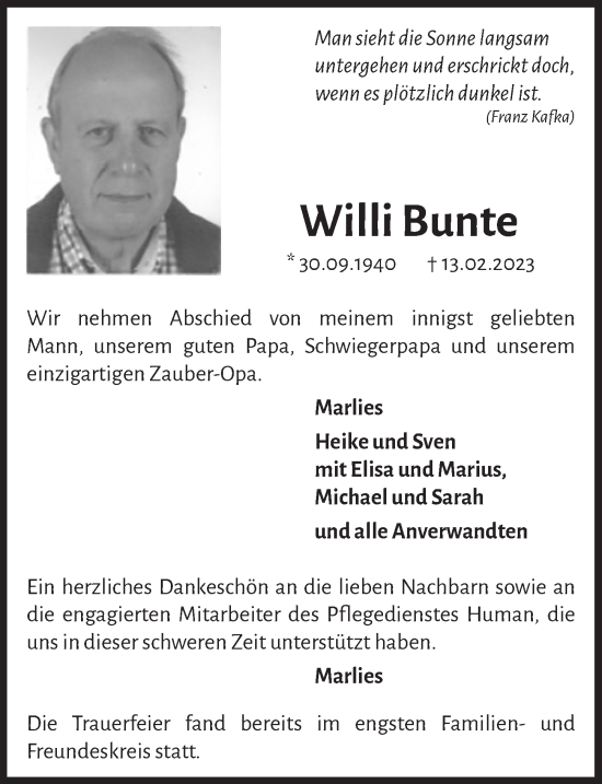 Anzeige von Willi Bunte von  Bergisches Handelsblatt 