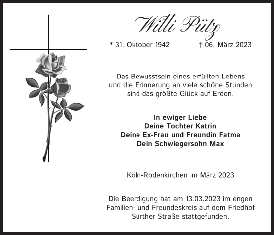 Anzeige von Willi Pütz von Kölner Stadt-Anzeiger / Kölnische Rundschau / Express