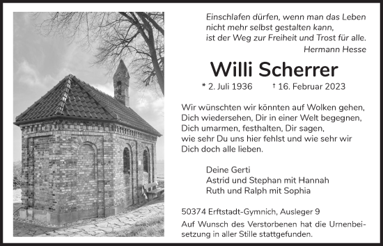 Anzeige von Willi Scherrer von  Werbepost 