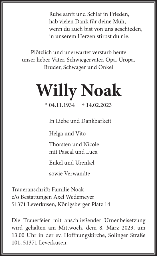 Anzeige von Willy Noak von  Lokale Informationen 
