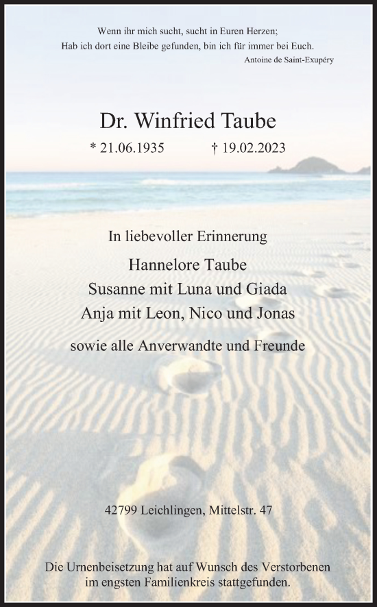 Anzeige von Winfried Taube von Kölner Stadt-Anzeiger / Kölnische Rundschau / Express