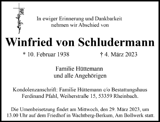 Anzeige von Winfried von Schludermann von  Schaufenster/Blickpunkt 