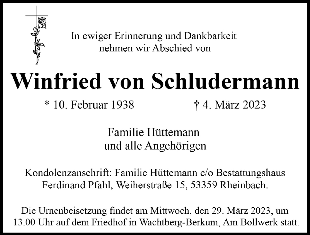  Traueranzeige für Winfried von Schludermann vom 17.03.2023 aus  Schaufenster/Blickpunkt 