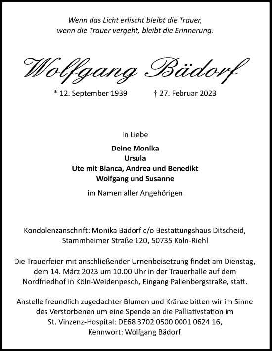 Anzeige von Wolfgang Bädorf von Kölner Stadt-Anzeiger / Kölnische Rundschau / Express