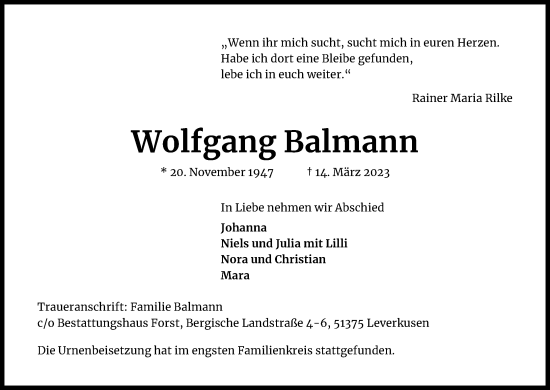Anzeige von Wolfgang Balmann von Kölner Stadt-Anzeiger / Kölnische Rundschau / Express