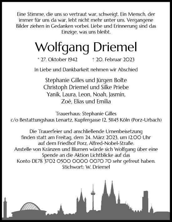 Anzeige von Wolfgang Driemel von Kölner Stadt-Anzeiger / Kölnische Rundschau / Express