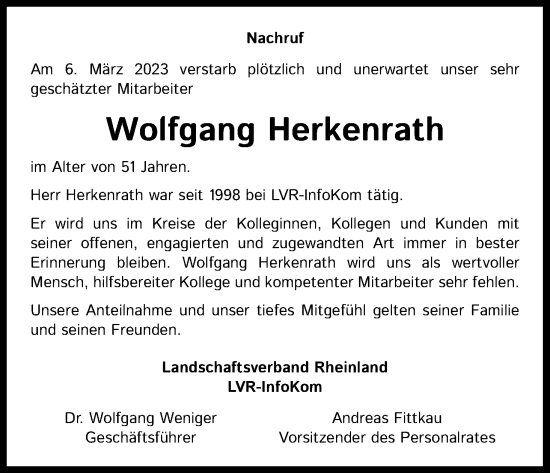 Anzeige von Wolfgang Herkenrath von Kölner Stadt-Anzeiger / Kölnische Rundschau / Express