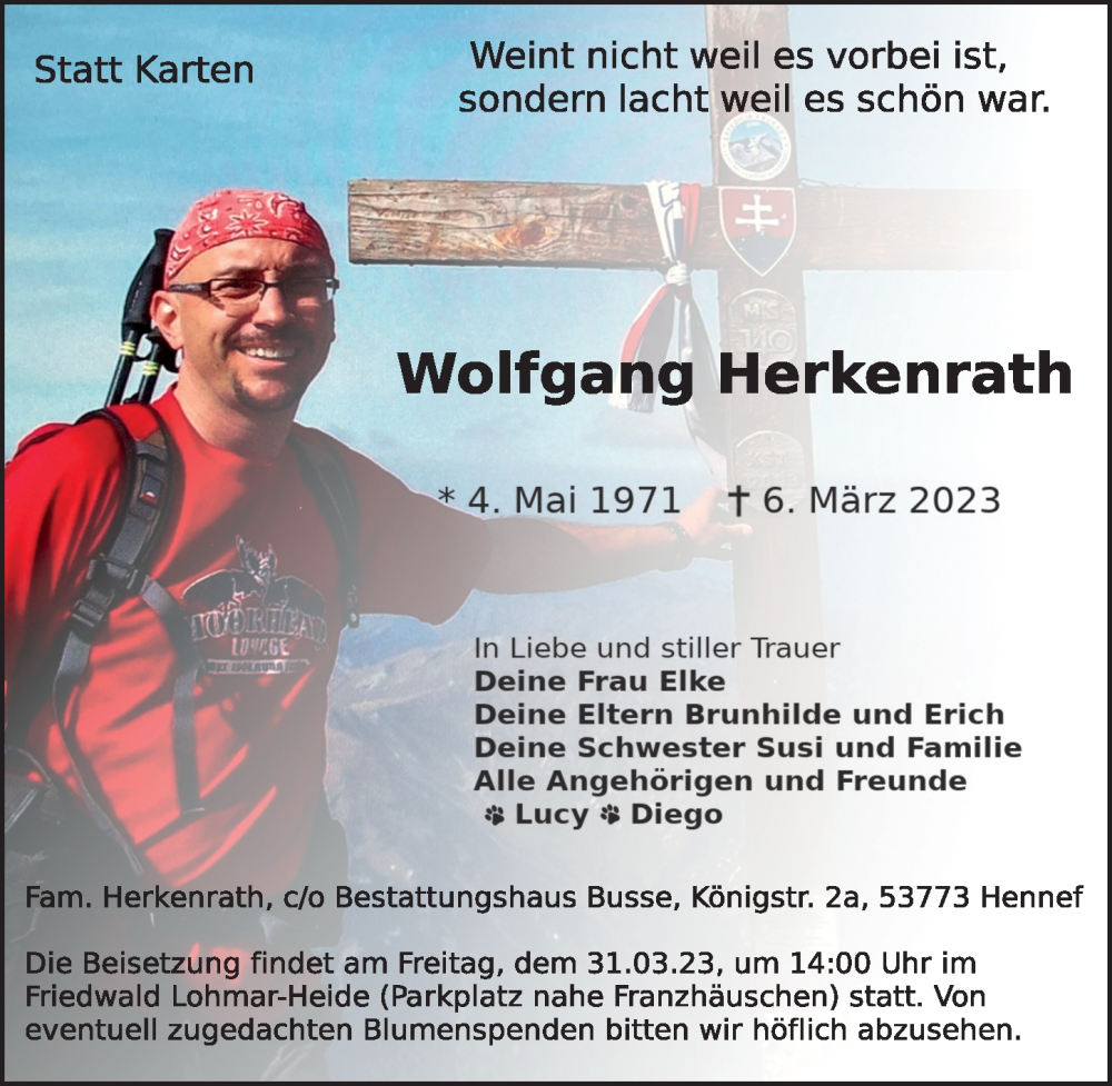  Traueranzeige für Wolfgang Herkenrath vom 18.03.2023 aus  Blickpunkt Euskirchen 