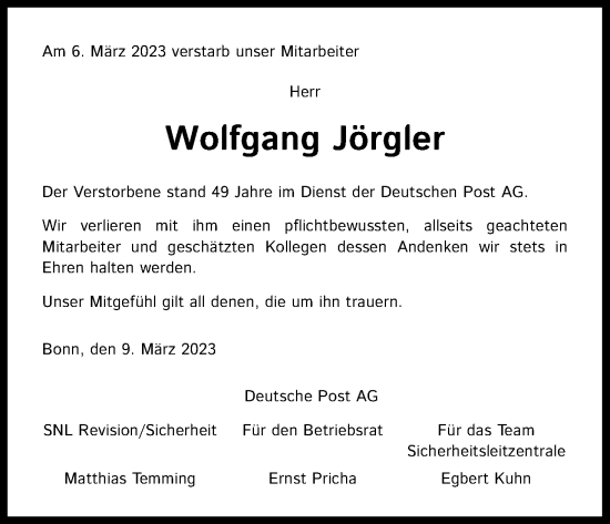 Anzeige von Wolfgang Jörgler von Kölner Stadt-Anzeiger / Kölnische Rundschau / Express