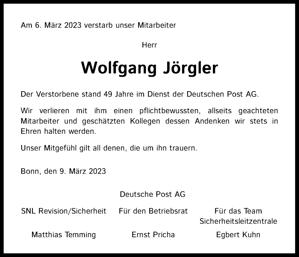  Traueranzeige für Wolfgang Jörgler vom 18.03.2023 aus Kölner Stadt-Anzeiger / Kölnische Rundschau / Express
