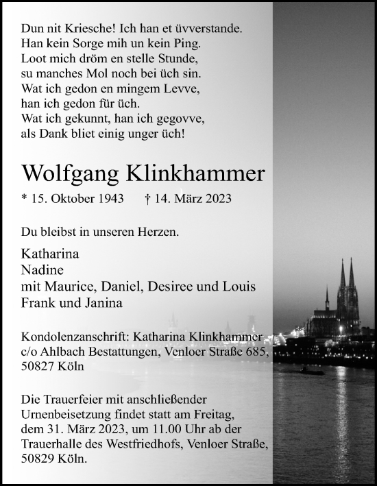 Anzeige von Wolfgang Klinkhammer von Kölner Stadt-Anzeiger / Kölnische Rundschau / Express