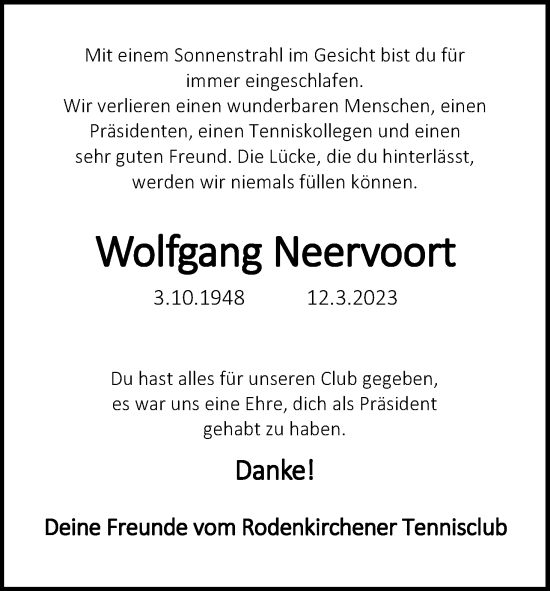 Anzeige von Wolfgang Neervoort von Kölner Stadt-Anzeiger / Kölnische Rundschau / Express