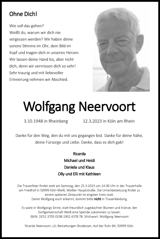 Anzeige von Wolfgang Neervoort von Kölner Stadt-Anzeiger / Kölnische Rundschau / Express