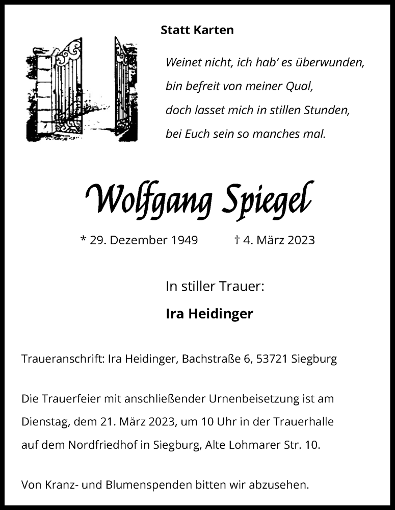  Traueranzeige für Wolfgang Spiegel vom 11.03.2023 aus Kölner Stadt-Anzeiger / Kölnische Rundschau / Express