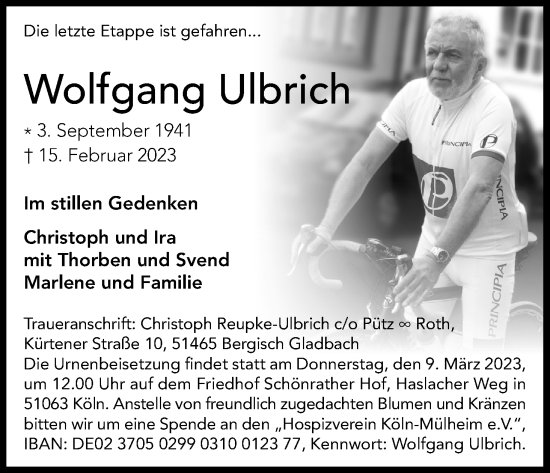 Anzeige von Wolfgang Ulbrich von Kölner Stadt-Anzeiger / Kölnische Rundschau / Express