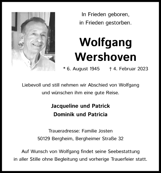 Anzeige von Wolfgang Wershoven von Kölner Stadt-Anzeiger / Kölnische Rundschau / Express