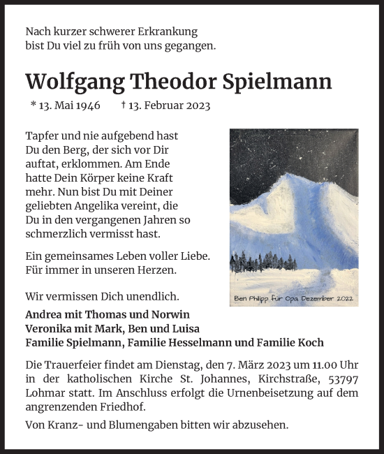Anzeige von Wolfgang Theodor Spielmann von Kölner Stadt-Anzeiger / Kölnische Rundschau / Express