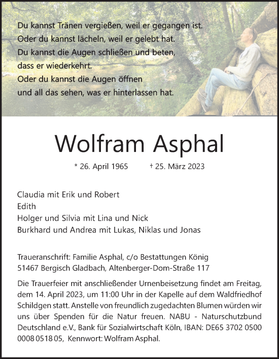 Anzeige von Wolfram Asphal von Kölner Stadt-Anzeiger / Kölnische Rundschau / Express