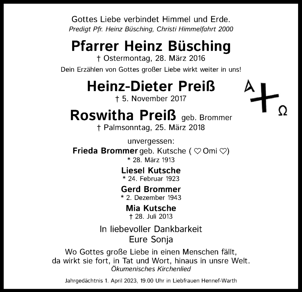  Traueranzeige für Heinz Büsching vom 28.03.2023 aus Kölner Stadt-Anzeiger / Kölnische Rundschau / Express