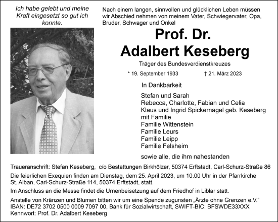 Anzeige von Adalbert Keseberg von  Werbepost 