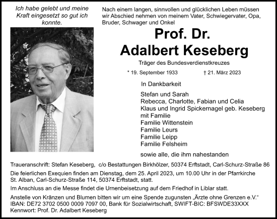 Anzeige von Adalbert Keseberg von Kölner Stadt-Anzeiger / Kölnische Rundschau / Express