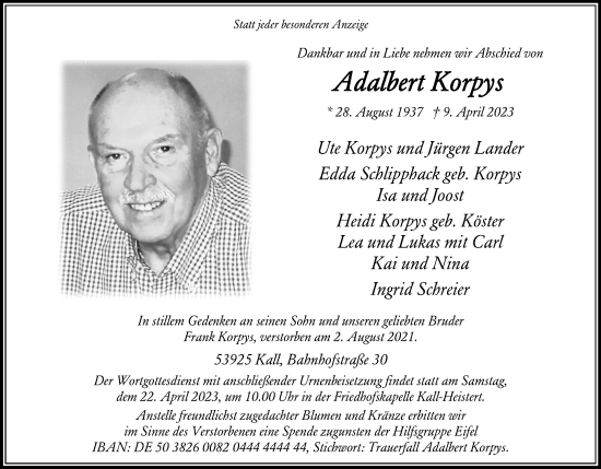 Anzeige von Adalbert Korpys von Kölner Stadt-Anzeiger / Kölnische Rundschau / Express