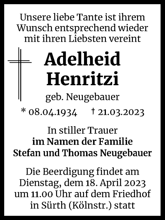 Anzeige von Adelheid Henritzi von Kölner Stadt-Anzeiger / Kölnische Rundschau / Express