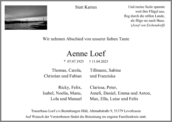 Anzeige von Aenne Loef von Kölner Stadt-Anzeiger / Kölnische Rundschau / Express