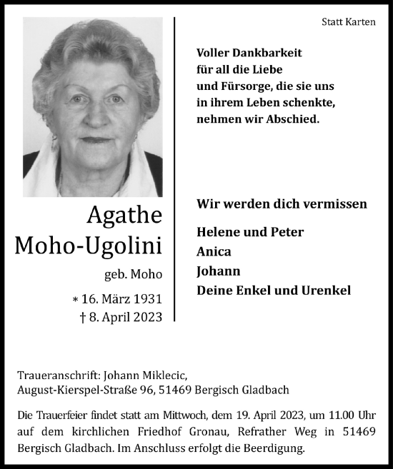 Anzeige von Agathe Moho-Ugolini von  Bergisches Handelsblatt 