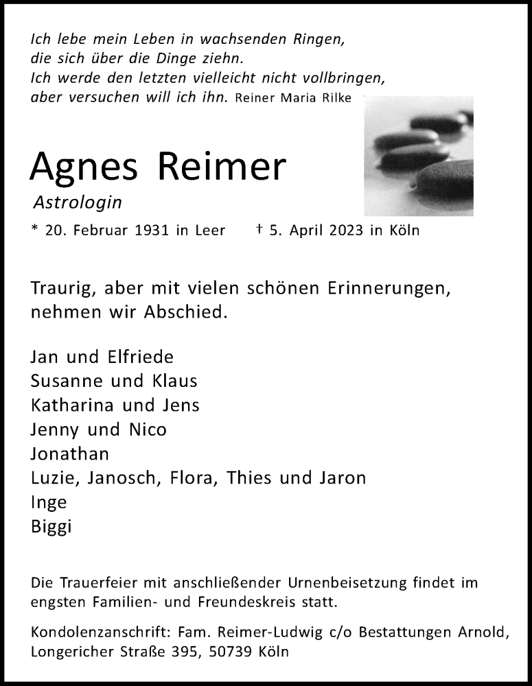  Traueranzeige für Agnes Reimer vom 15.04.2023 aus Kölner Stadt-Anzeiger / Kölnische Rundschau / Express